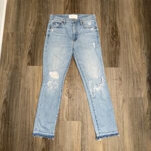 MOTHER The Rascal Ankle Jeans 26 Undone Hem Distressed Light Wash Raw Hem Denim